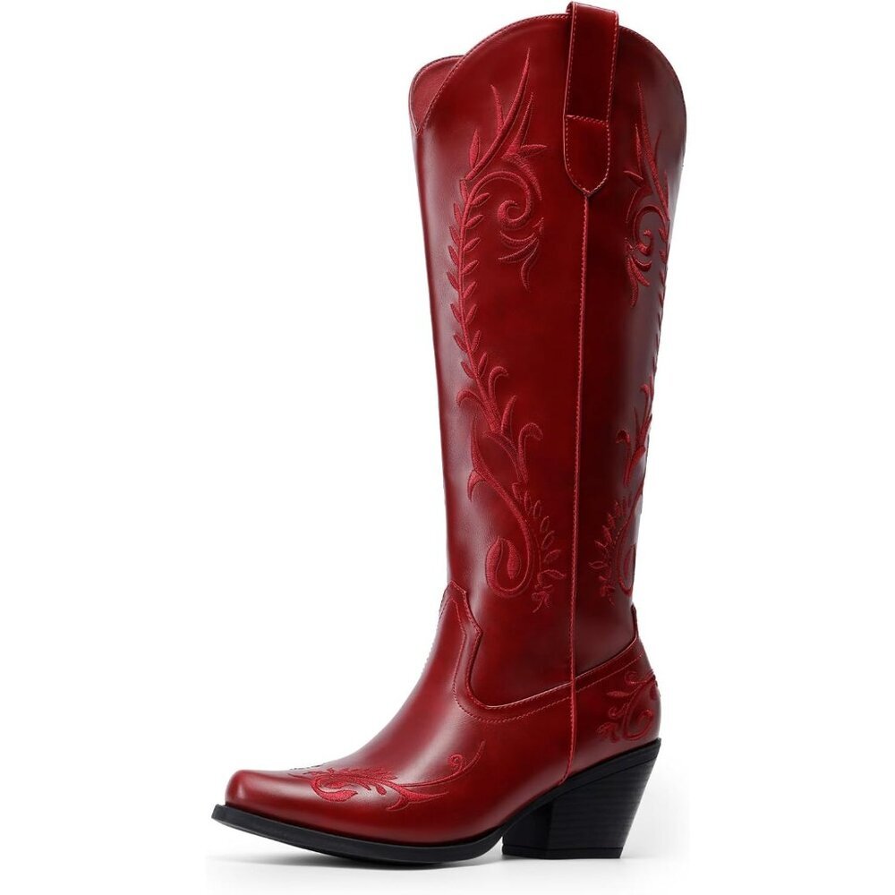 Women's Red Western Cowboy Boots Knee High Retro Embroidered Tall Boots